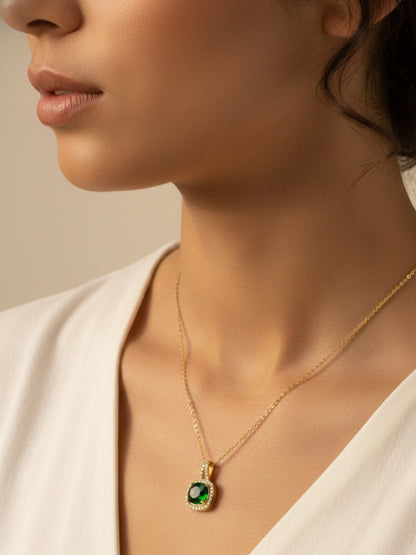 Elegant Gold-Plated Green Stone Pendant Chain – 316L Stainless Steel, AD Crystals