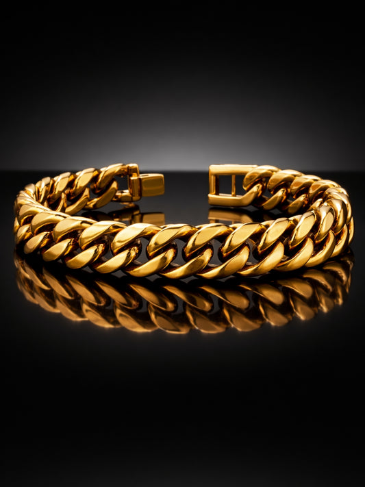 18K Gold Plated Cuban Link Bracelet for Men | Thick Stainless Steel