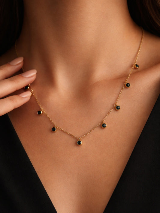 Green CZ Studded Necklace – Gold Plated Stainless Steel, Adjustable Chain