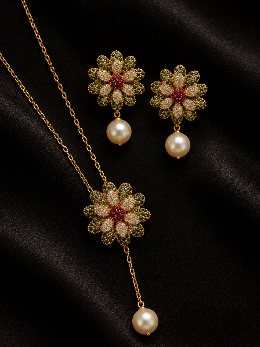Margherita Floral Pearl Drop Necklace & Earring Set, 18K Gold-Plated