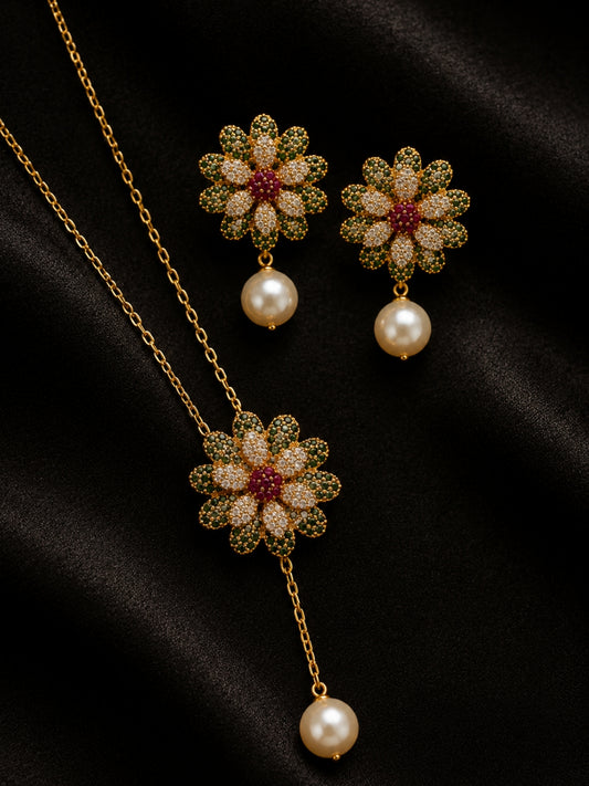 Margherita Floral Pearl Drop Necklace & Earring Set, 18K Gold-Plated