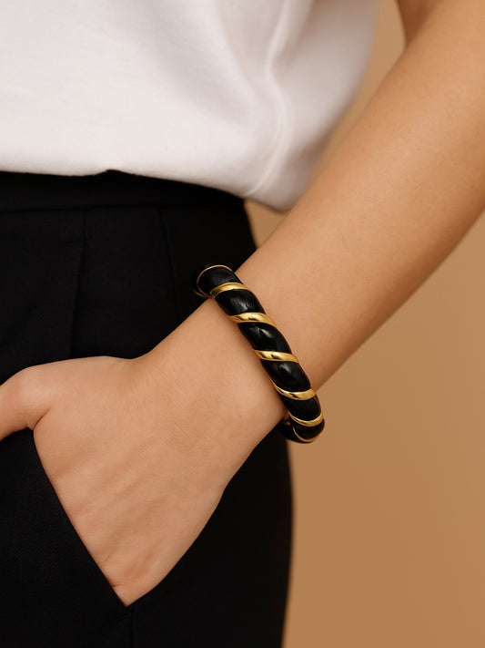 Black Enamel Striped Bracelet | 14kt Gold Plated Italian Meenakari on Stainless Steel