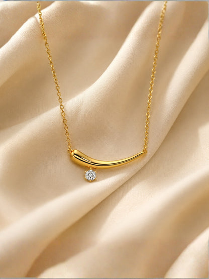 Solitaire Curve Gold Pendant Necklace with CZ Diamond Charm