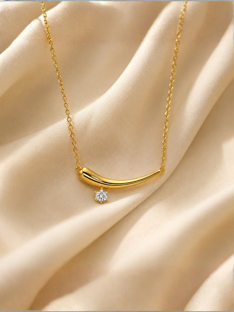 Solitaire Curve Gold Pendant Necklace with CZ Diamond Charm