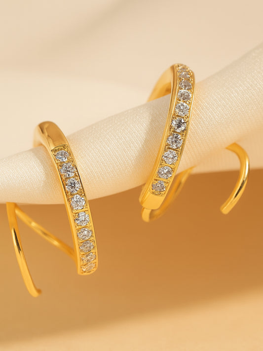 18K Gold Twist CZ Hoop Earrings | Double Piercing Look in One