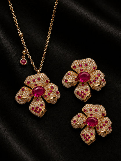 Boccio Fucsia Pavé Flower Necklace & Earring Set, 18K Gold-Plated