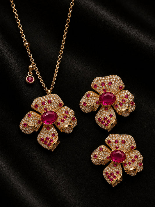 Boccio Fucsia Pavé Flower Necklace & Earring Set, 18K Gold-Plated