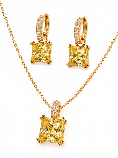 Yellow Square-Cut Pendant Necklace & Huggie Earring Set, 18K Gold-Plated