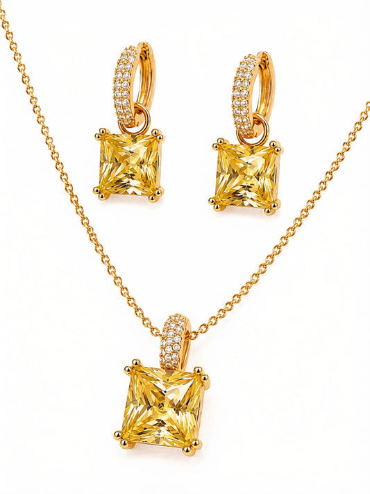 Yellow Square-Cut Pendant Necklace & Huggie Earring Set, 18K Gold-Plated