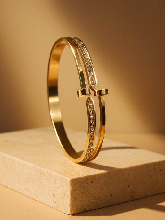 18K Gold Plated Double Line CZ Cuff Bracelet – Anti Tarnish & Waterproof