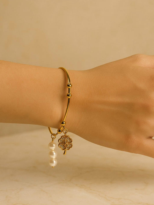 18K Gold-Plated Clover Charms Bracelet – Stainless Steel, CZ Stones & Pearl Charms, Anti-Tarnish & Hypoallergenic