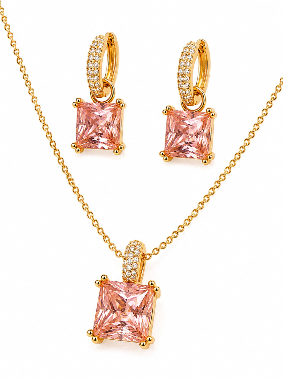 Pink Square-Cut Pendant Necklace & Huggie Earring Set, 18K Gold-Plated