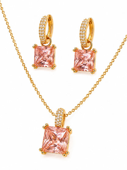 Pink Square-Cut Pendant Necklace & Huggie Earring Set, 18K Gold-Plated