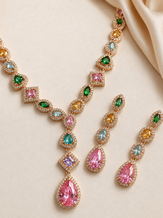 Serenata Multicolor Gemstone Y-Drop Necklace & Earring Set, 18K Gold-Plated