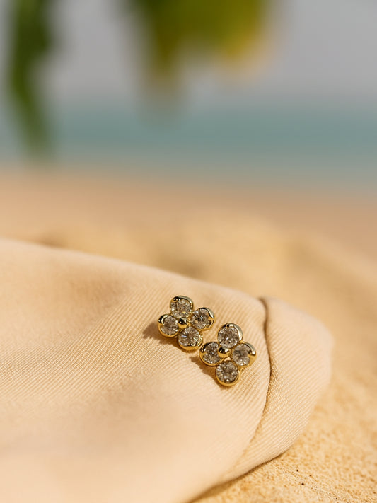 Clover Studded Gold Plated Stud Earrings – 316L Stainless Steel, Premium AD Stones