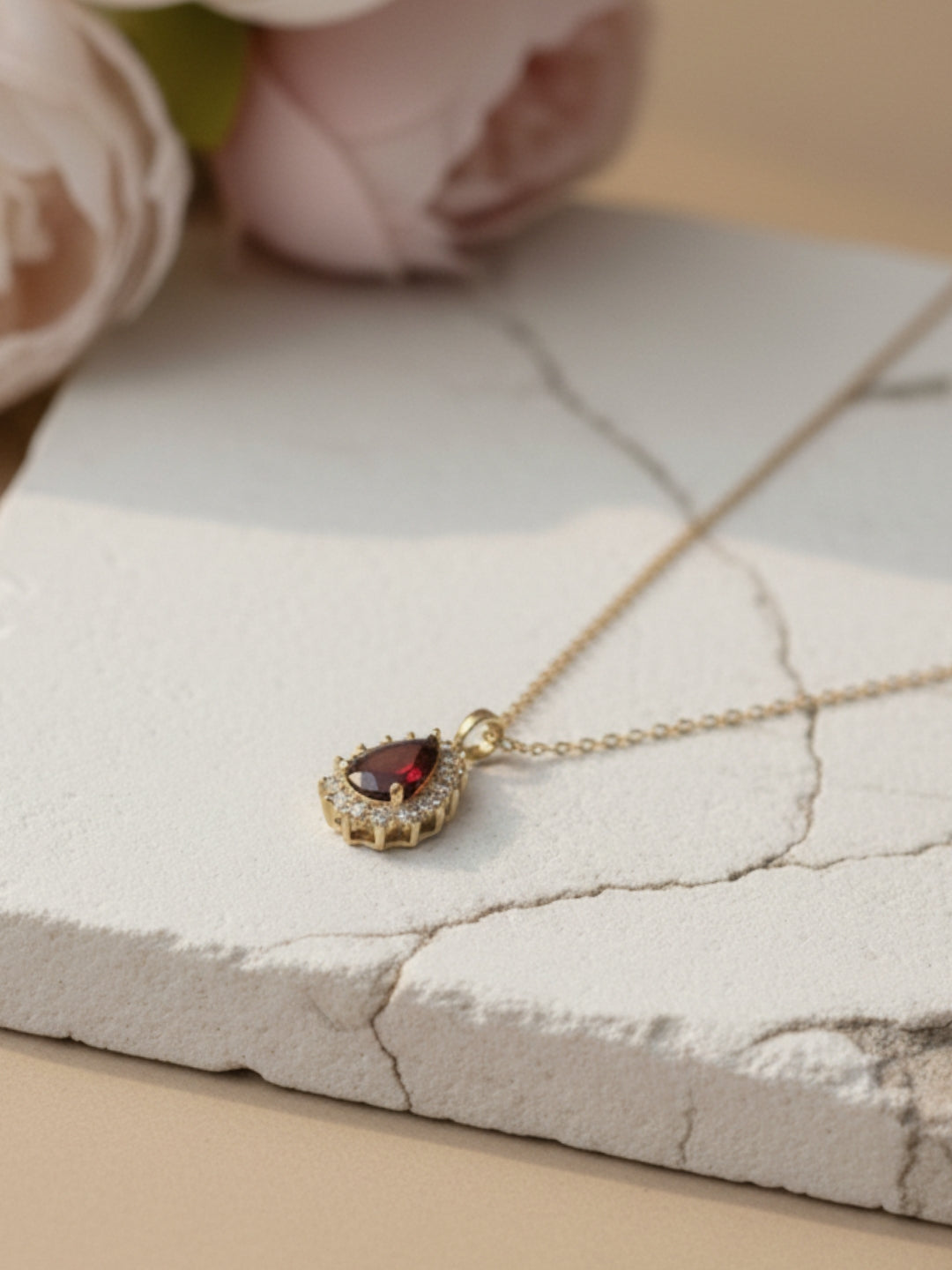 Anti-Tarnish Maroon Moissanite Pendant Necklace | 18K Gold CZ Chain