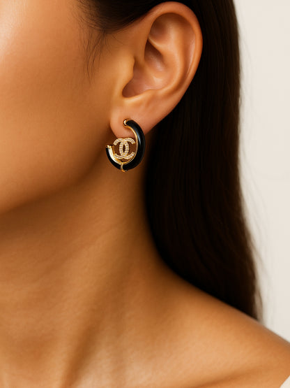 Brand Inspired Black Enamel Half Hoop Earrings – 18K Gold Plated