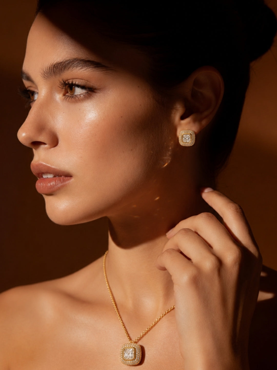 Charlotte Cushion-Cut Crystal Halo Set — 18K Gold Plated with Austrian Crystal