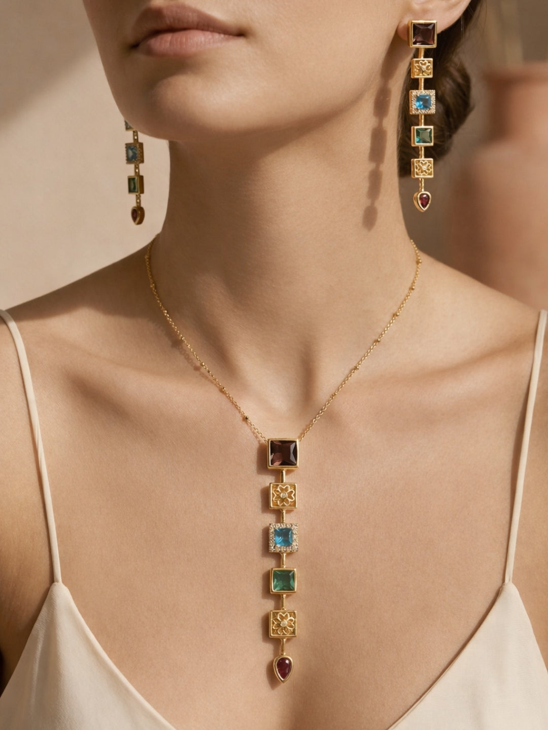 Gothic Pastel Statement Necklace & Earrings Set – 18K Gold Plated