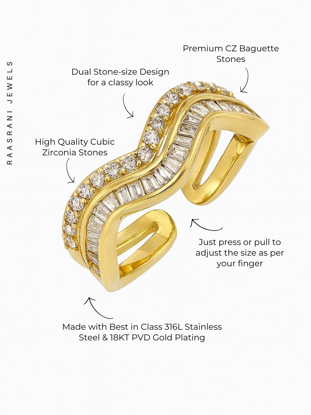 Wavy Double Layer Gold Ring – Adjustable 18K Gold CZ Everyday Jewelry