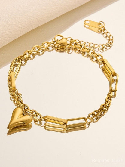 Heart Charm Linked Chain Bracelet – 18K Gold, Adjustable & Anti-Tarnish