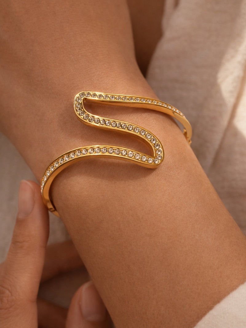 18K Gold Plated CZ Wave Open Bracelet – Anti Tarnish Bangle