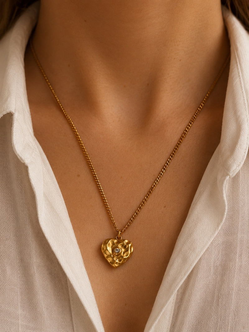 18K Gold Heart Charm Necklace with CZ | Anti Tarnish Chain