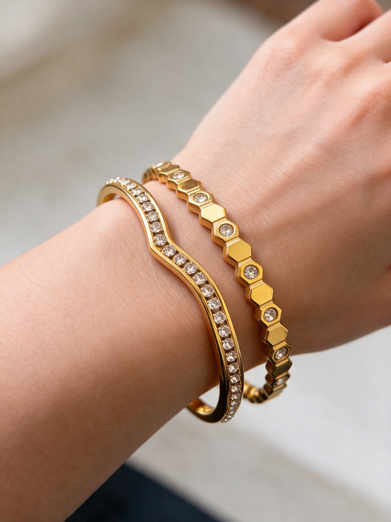 Gold Chevron & Hexagon CZ Bracelet Stack – Set of 2
