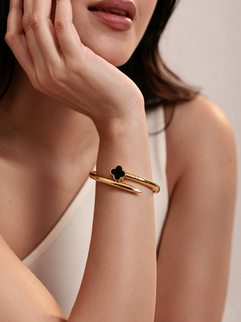 Black Clover Nail Cuff  Bracelet,18k Gold Plated