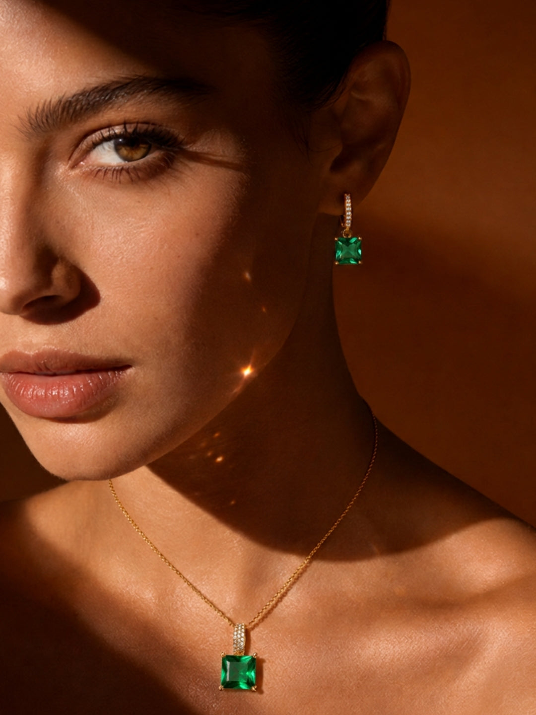Emerald Square-Cut Pendant Necklace & Huggie Earring Set