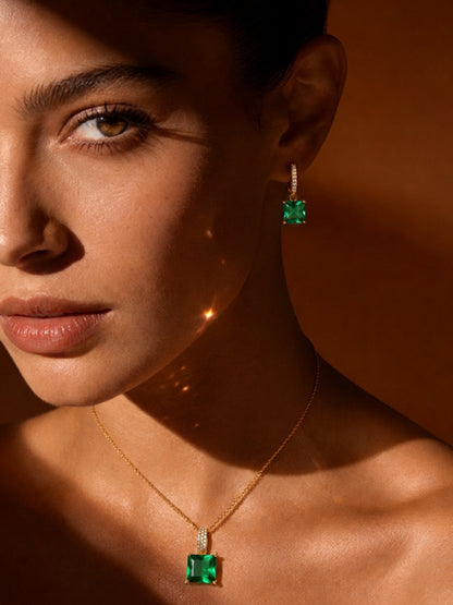 Emerald Square-Cut Pendant Necklace & Huggie Earring Set