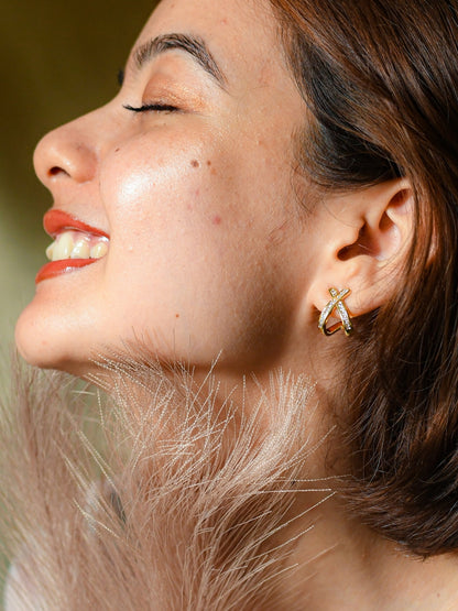 18K Gold Studded Cross Huggie Earrings – CZ Stone, Anti-Tarnish