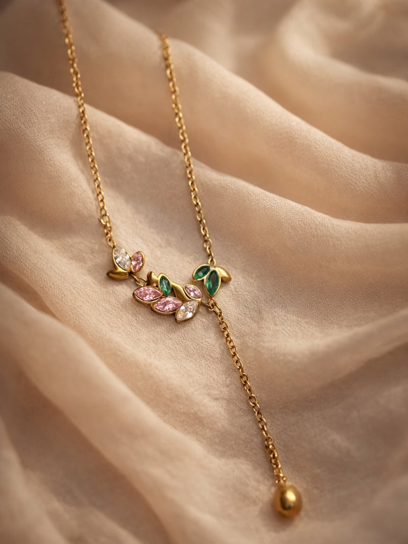 Leaf Multicolor CZ Drop Neckpiece in 18K Gold Plating