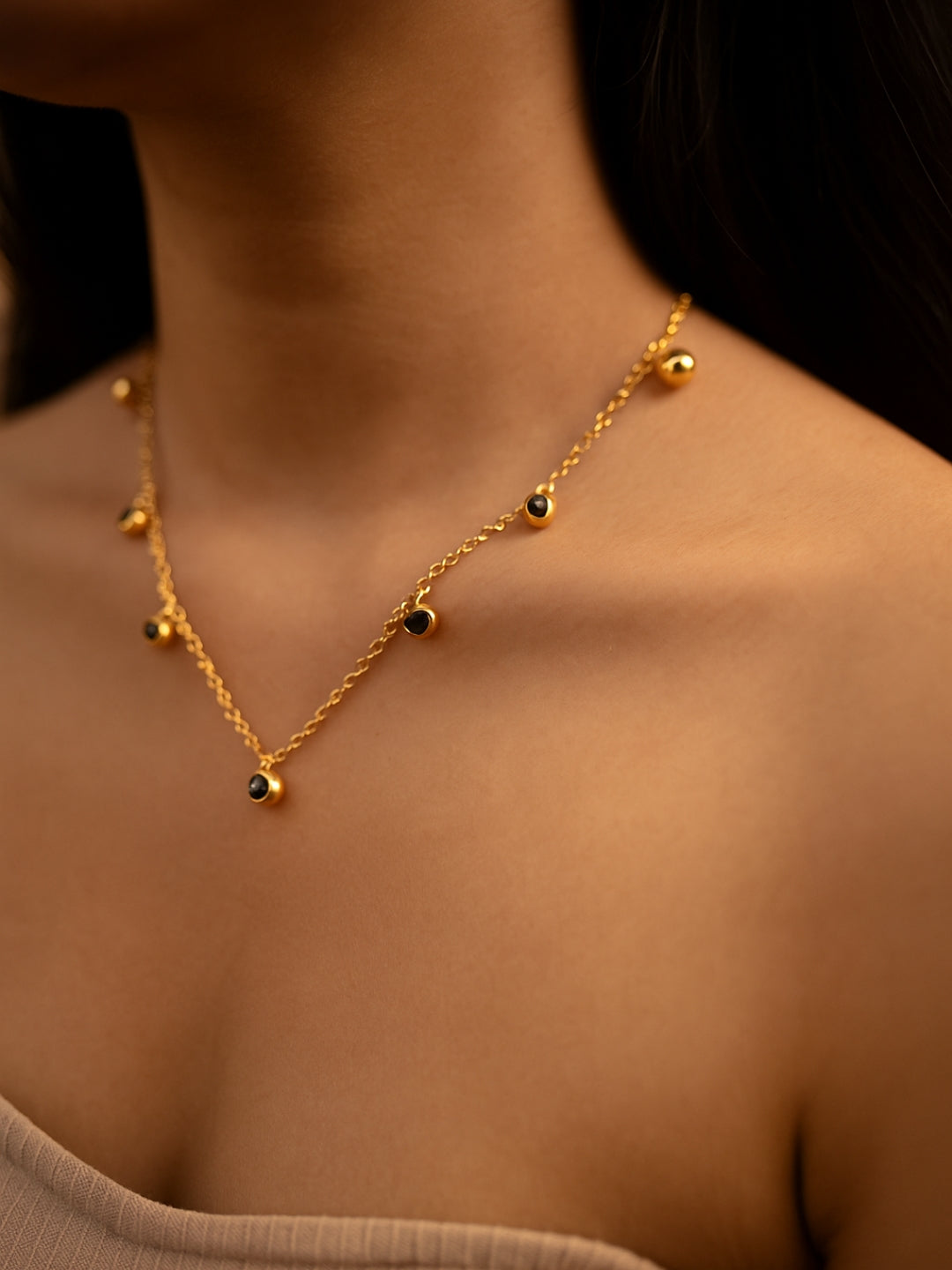 Green CZ Studded Necklace – Gold Plated Stainless Steel, Adjustable Chain