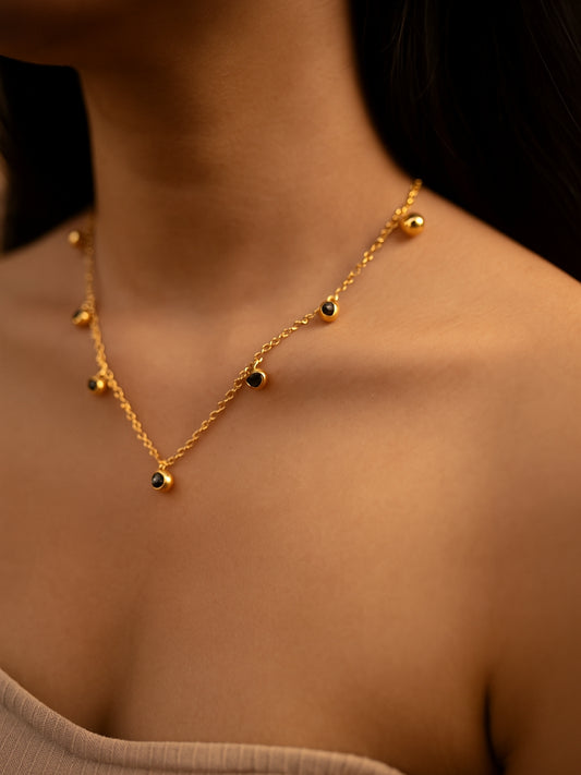 Green CZ Studded Necklace – Gold Plated Stainless Steel, Adjustable Chain