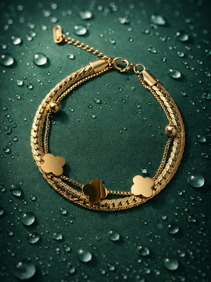Clover Double Layer Cuban Chain Bracelet – 18K Gold Plated