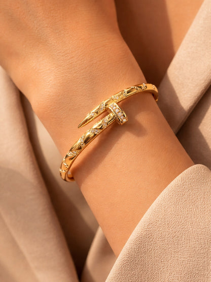 18K Gold Plated Spiral Nail Cuff Bracelet with CZ | Anti-Tarnish