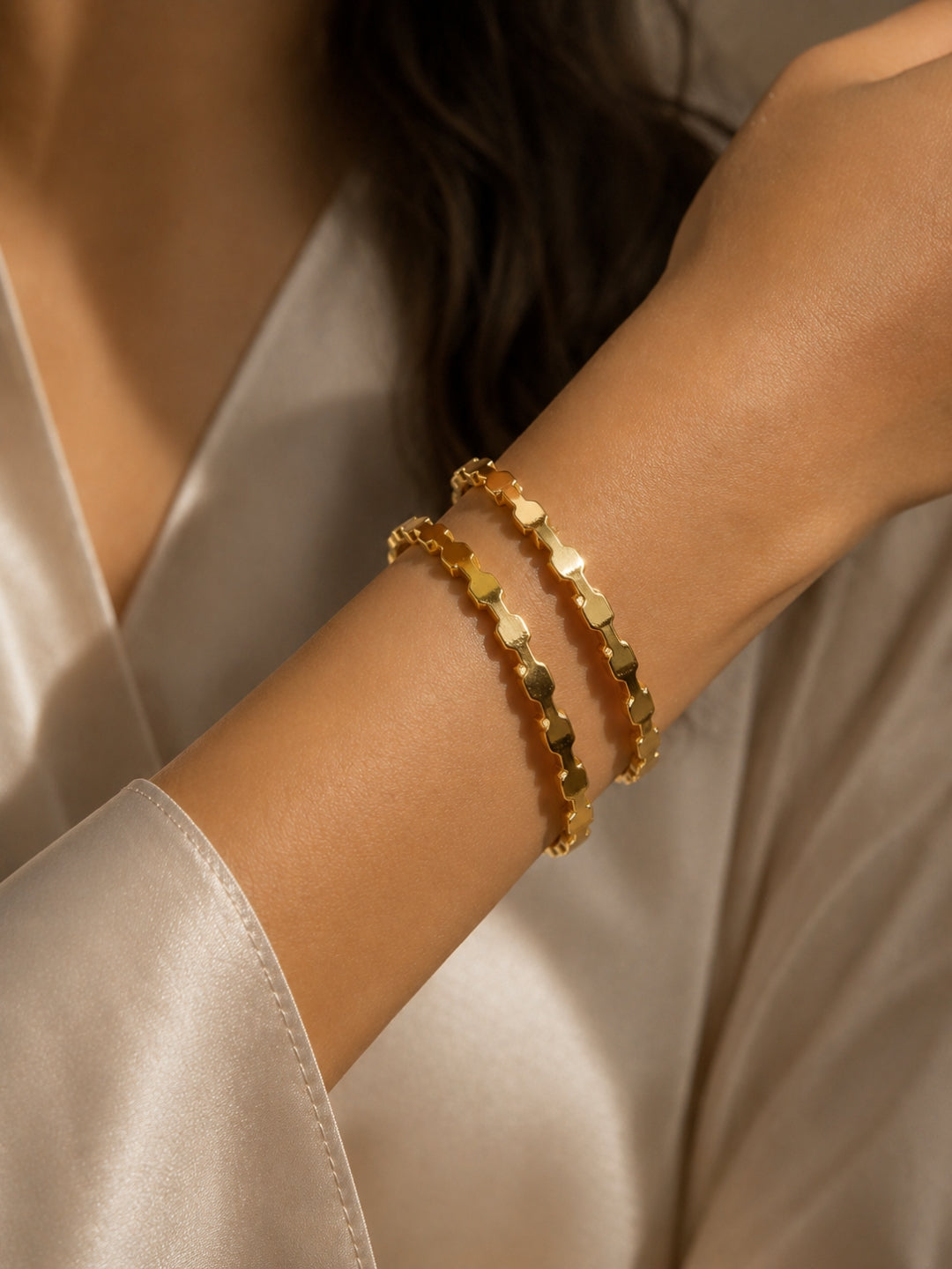 18K Gold Hexa Bead Stackable Bangles Pair | Anti Tarnish (2.6)