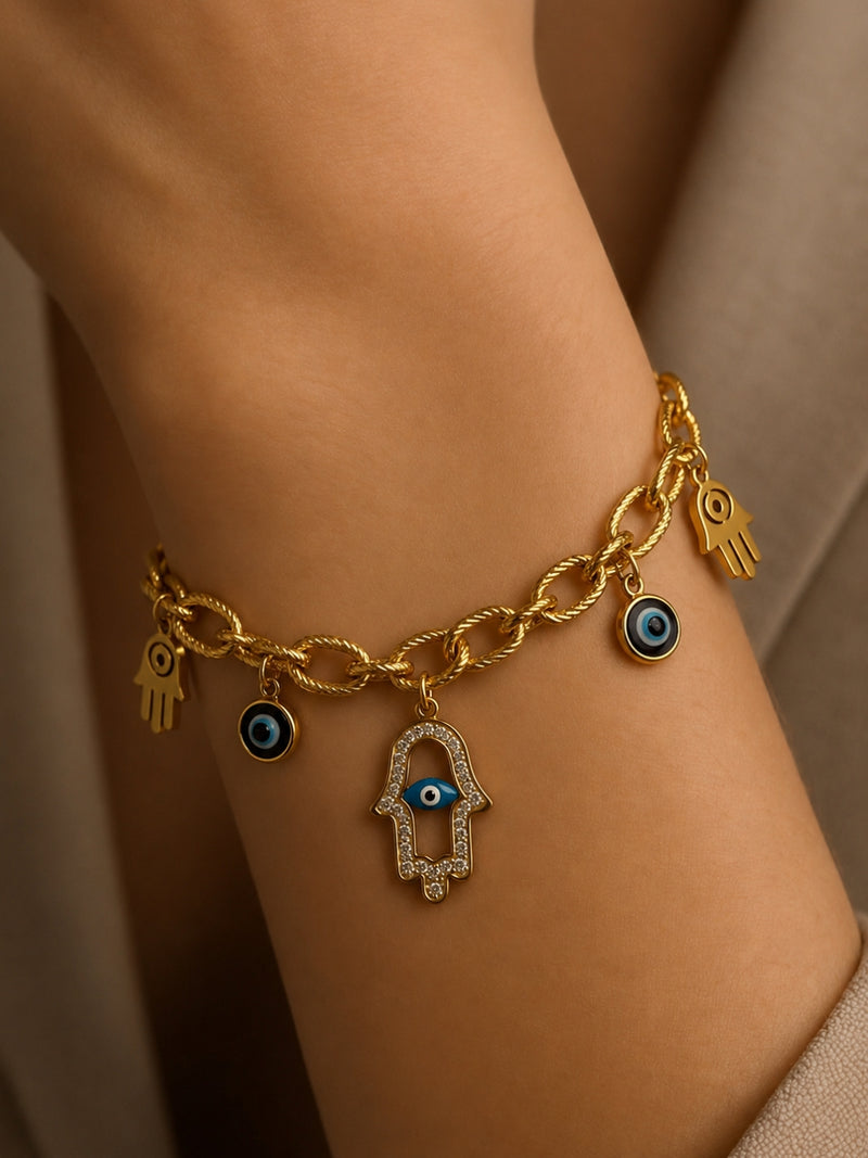 Evil Eye Hamsa Charm Bracelet in 18K Gold | Adjustable Chain