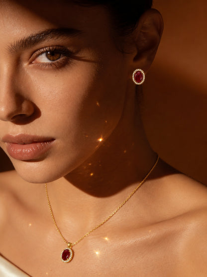 Melograno Red Cabochon Halo Necklace & Earring set 18K Gold-Plated