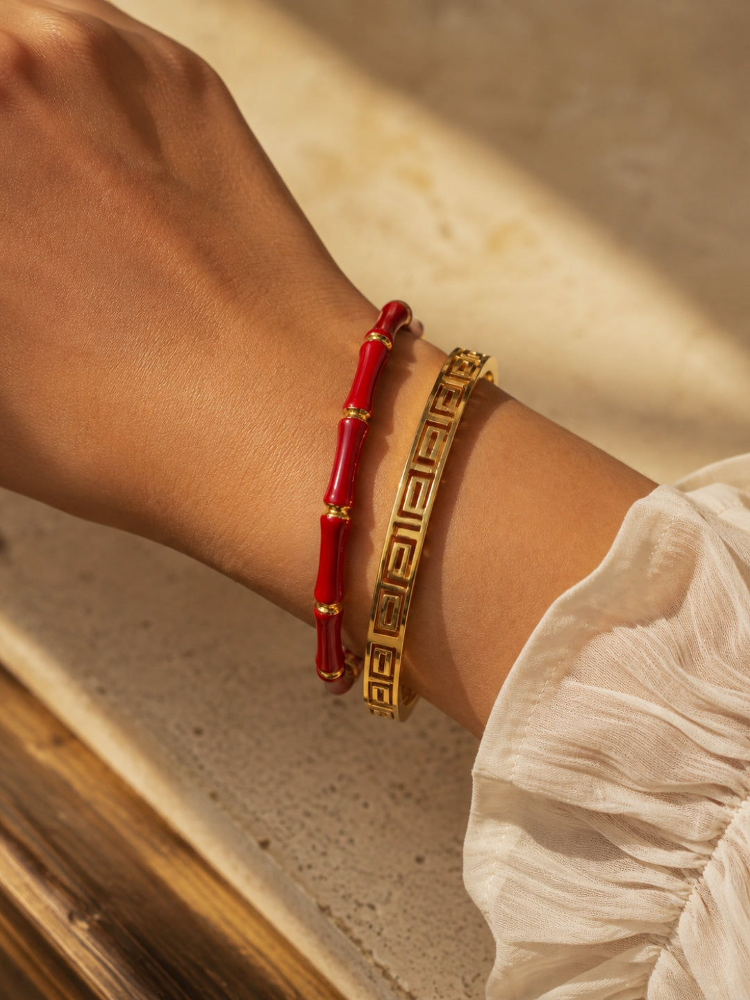 Red Bamboo & Gold Greek Key Bracelet Stack – Set of 2