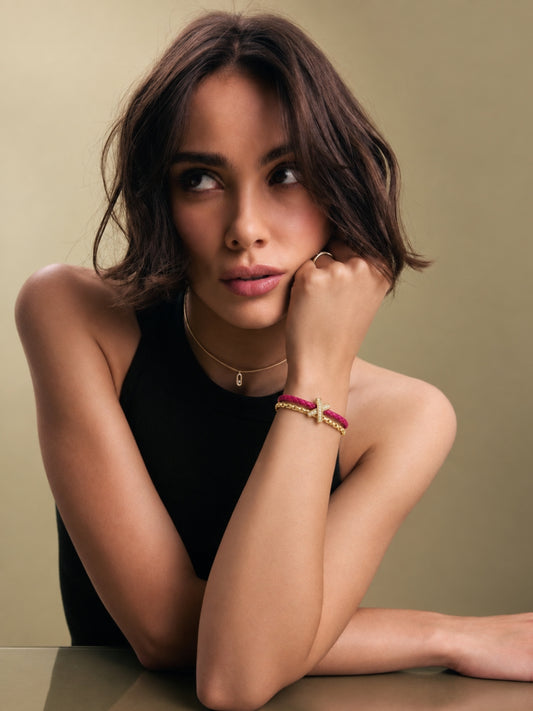 Fuchsia Pink Braided Double line Knot Band Cuff-18KT Gold Plated