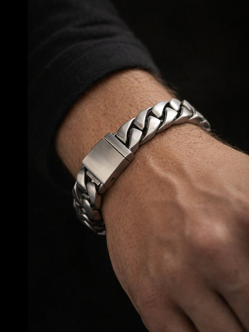 Matte Silver Chunky Cuban Bracelet for Men | Stainless Steel Rhodium