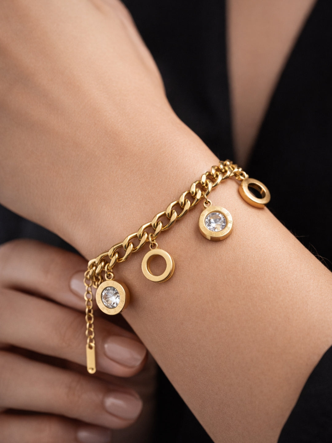 18K Gold Cuban Chain Roman Drop Charm Bracelet | Anti-Tarnish