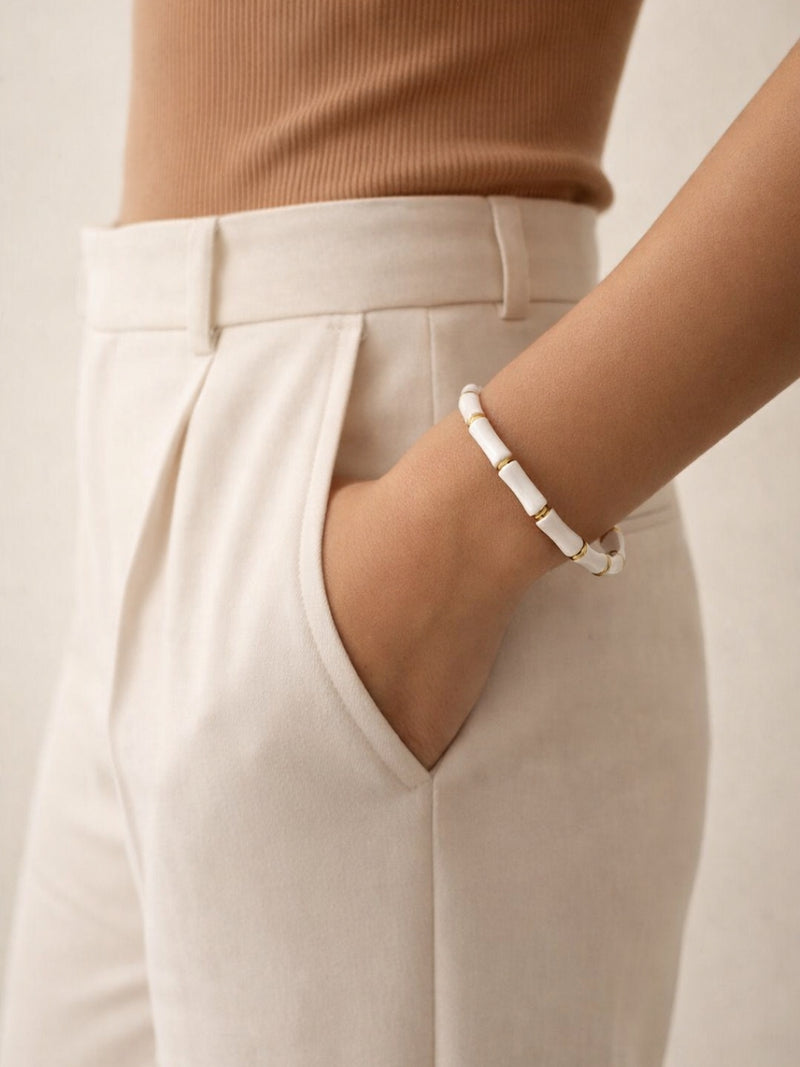 White Enamel Bamboo Gold Cuff Bracelet – Anti Tarnish, CZ Stone