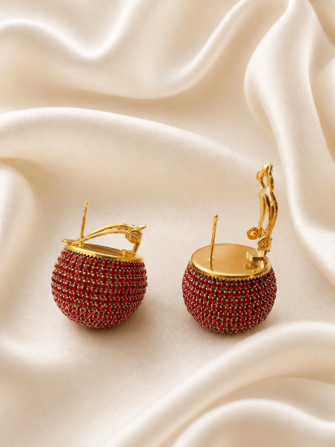 Red CZ Dome Stud Earrings – Gold Plated Statement Party Wear