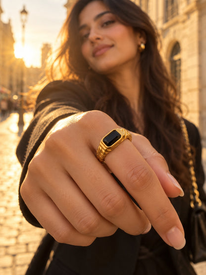 18K Gold Plated Black Onyx Signet Ring | Anti Tarnish Stainless Steel