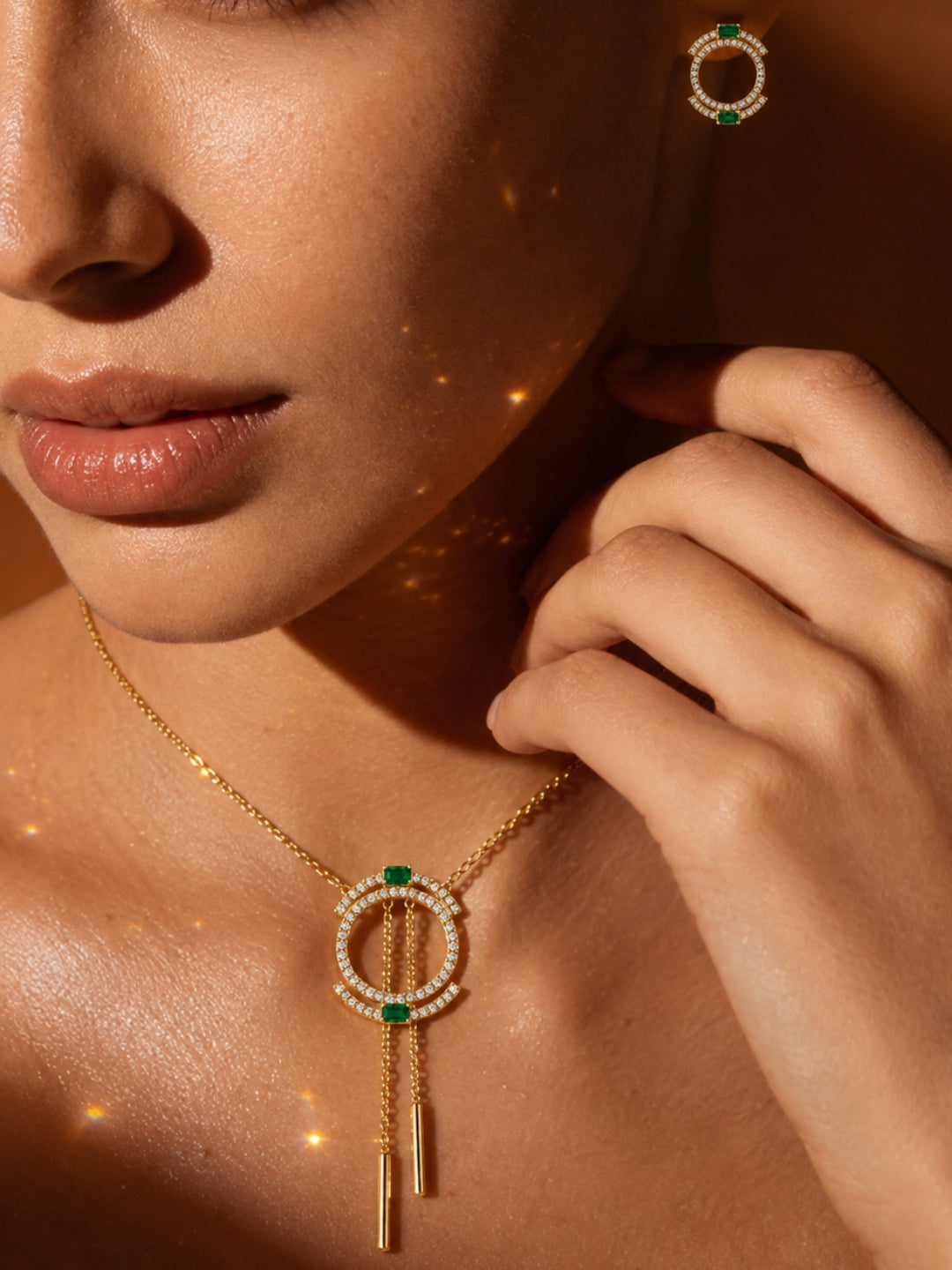 Isabeau" Double Halo Necklace & Earring Set — 18K Gold Plated with Emerald Baguette Accents