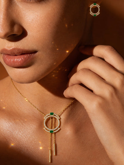 Isabeau" Double Halo Necklace & Earring Set — 18K Gold Plated with Emerald Baguette Accents