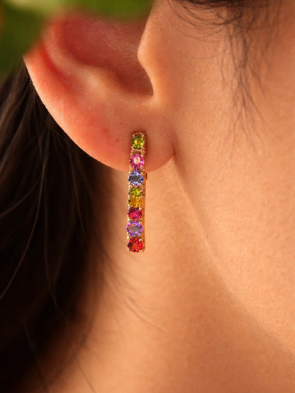 18K Rose Gold Multicolor CZ Long Hoop Earrings